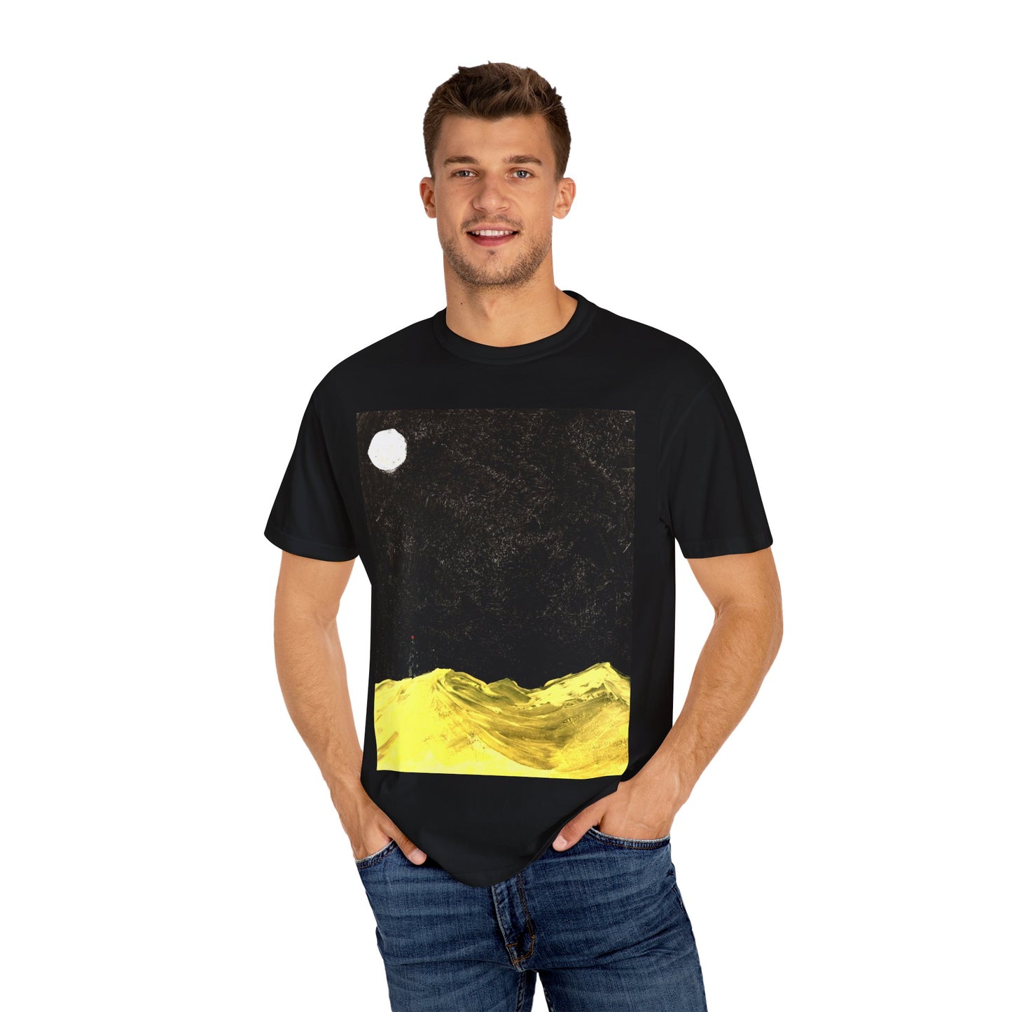 Garment-Dyed T-Shirt with Moonlit Landscape Design, Casual Top, Gift for Art Lovers, Unique Summer Tee, Comfortable Everyday Wear